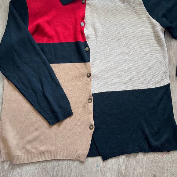 Karen Lessly Large Button Down Sweater Colorblock Black/Tan/Red 100% Acrylic - Picture 2 of 8
